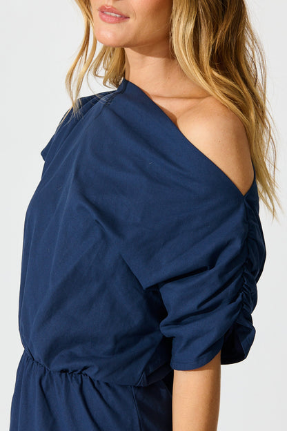 Saffron Sky Maxi Off Shoulder Dress in Navy Cotton