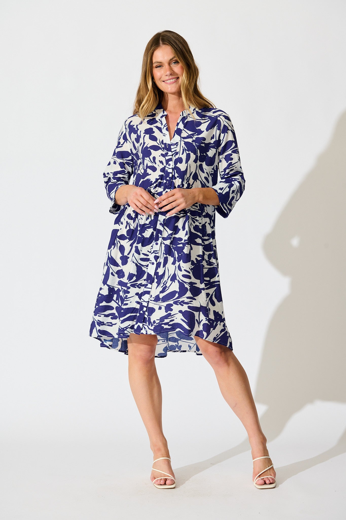 PRE ORDER Mina Smock Dress in White and Navy Print