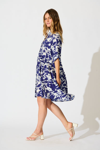 PRE ORDER Mina Smock Dress in White and Navy Print
