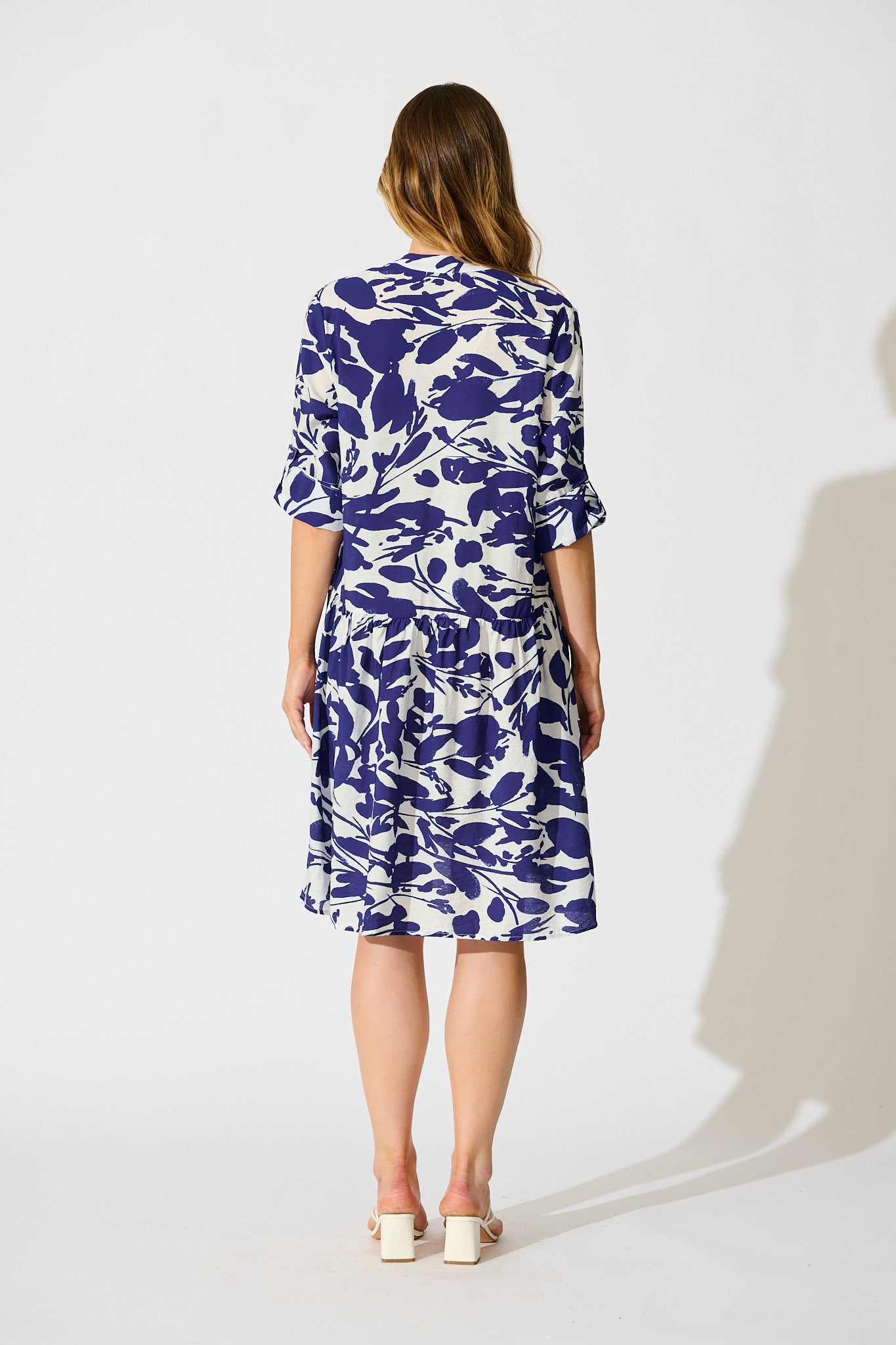 PRE ORDER Mina Smock Dress in White and Navy Print