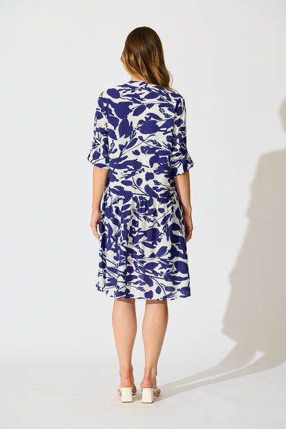 PRE ORDER Mina Smock Dress in White and Navy Print