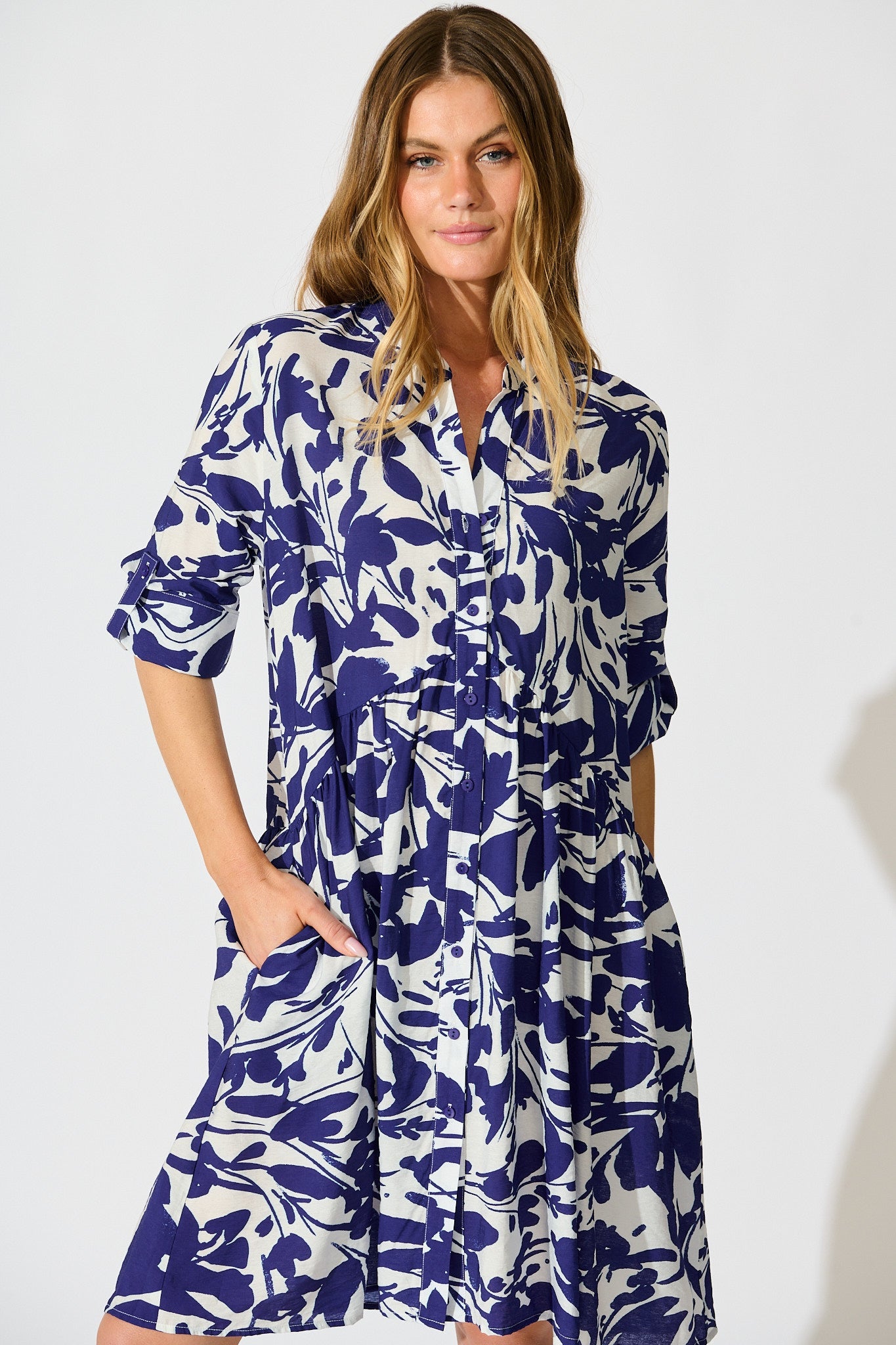 PRE ORDER Mina Smock Dress in White and Navy Print