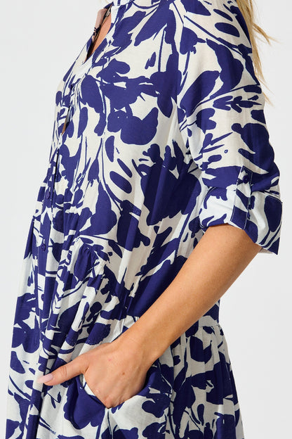 PRE ORDER Mina Smock Dress in White and Navy Print