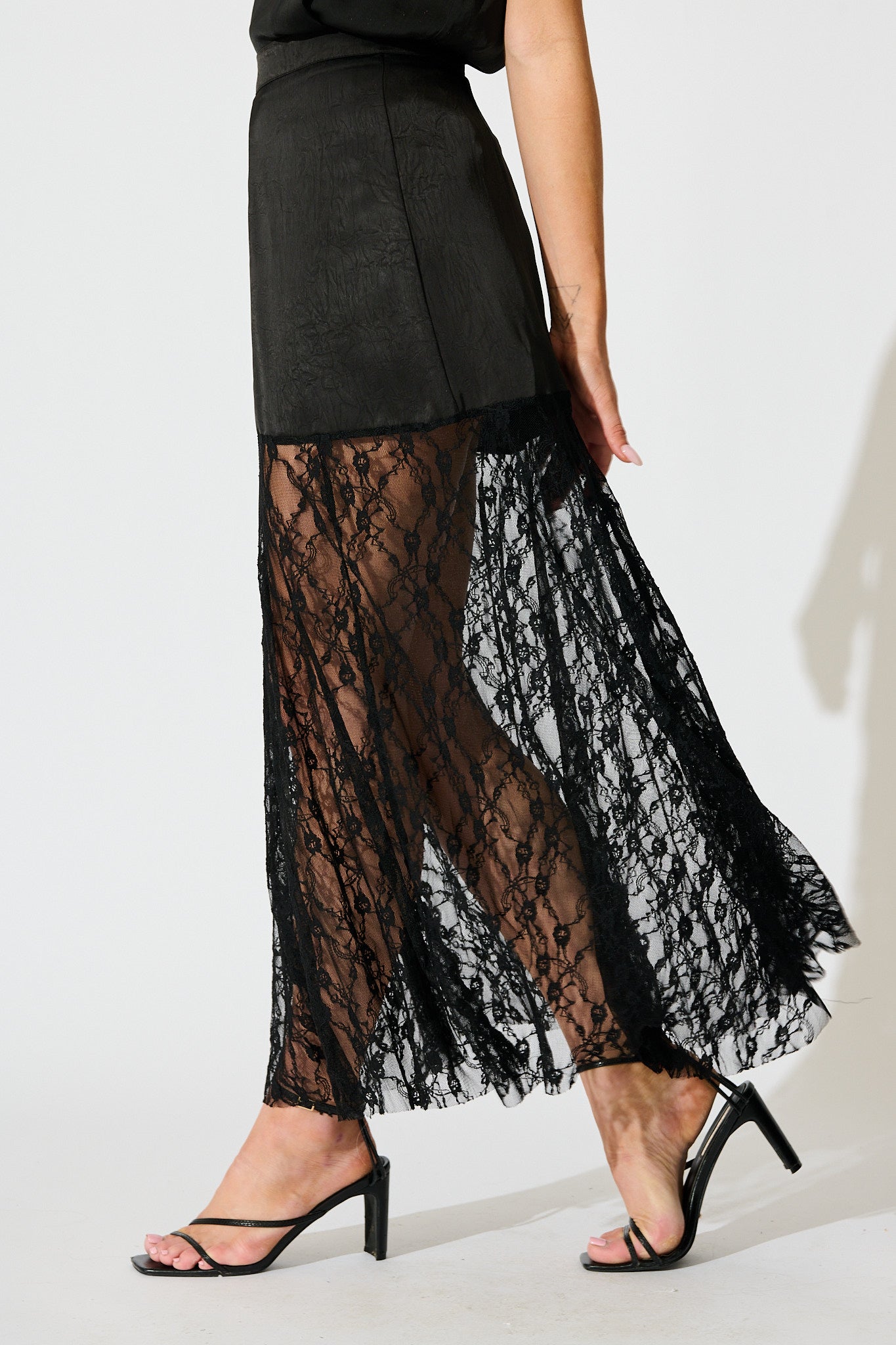 Twilight Grace Maxi Skirt in Black Satin