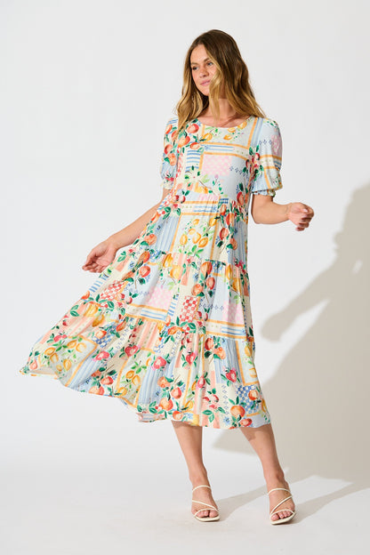 Nevi Tiered Midi Dress In Multi Conversational Print