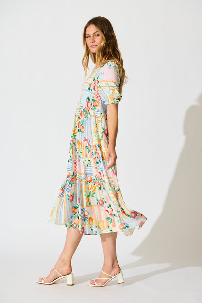 Nevi Tiered Midi Dress In Multi Conversational Print