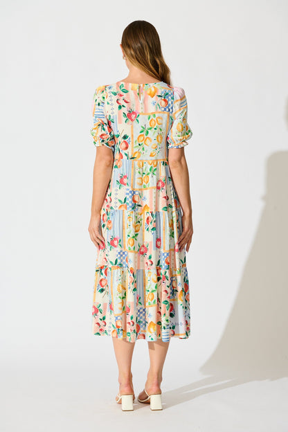 Nevi Tiered Midi Dress In Multi Conversational Print