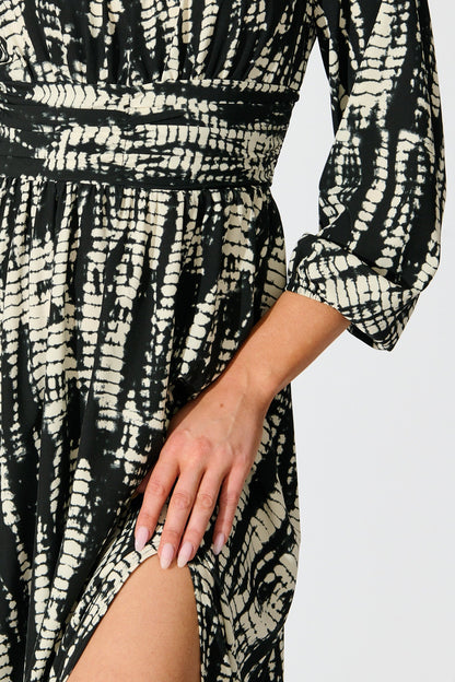 Azalea Maxi Dress in Black with Cream Print