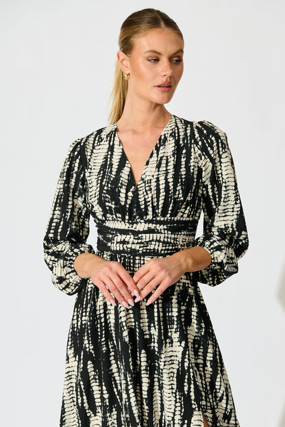 Azalea Maxi Dress in Black with Cream Print