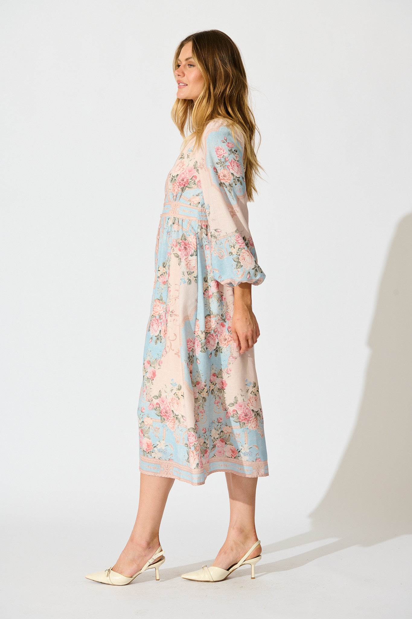 Izara Midi Dress in Pink and Blue Placement Linen Blend