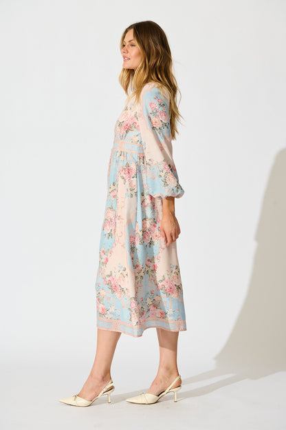 Izara Midi Dress in Pink and Blue Placement Linen Blend
