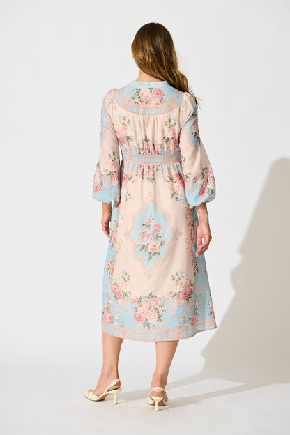 Izara Midi Dress in Pink and Blue Placement Linen Blend