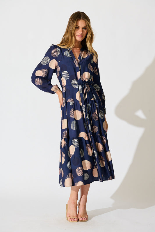 Blake Midi Dress in Navy with Blush Spot Print