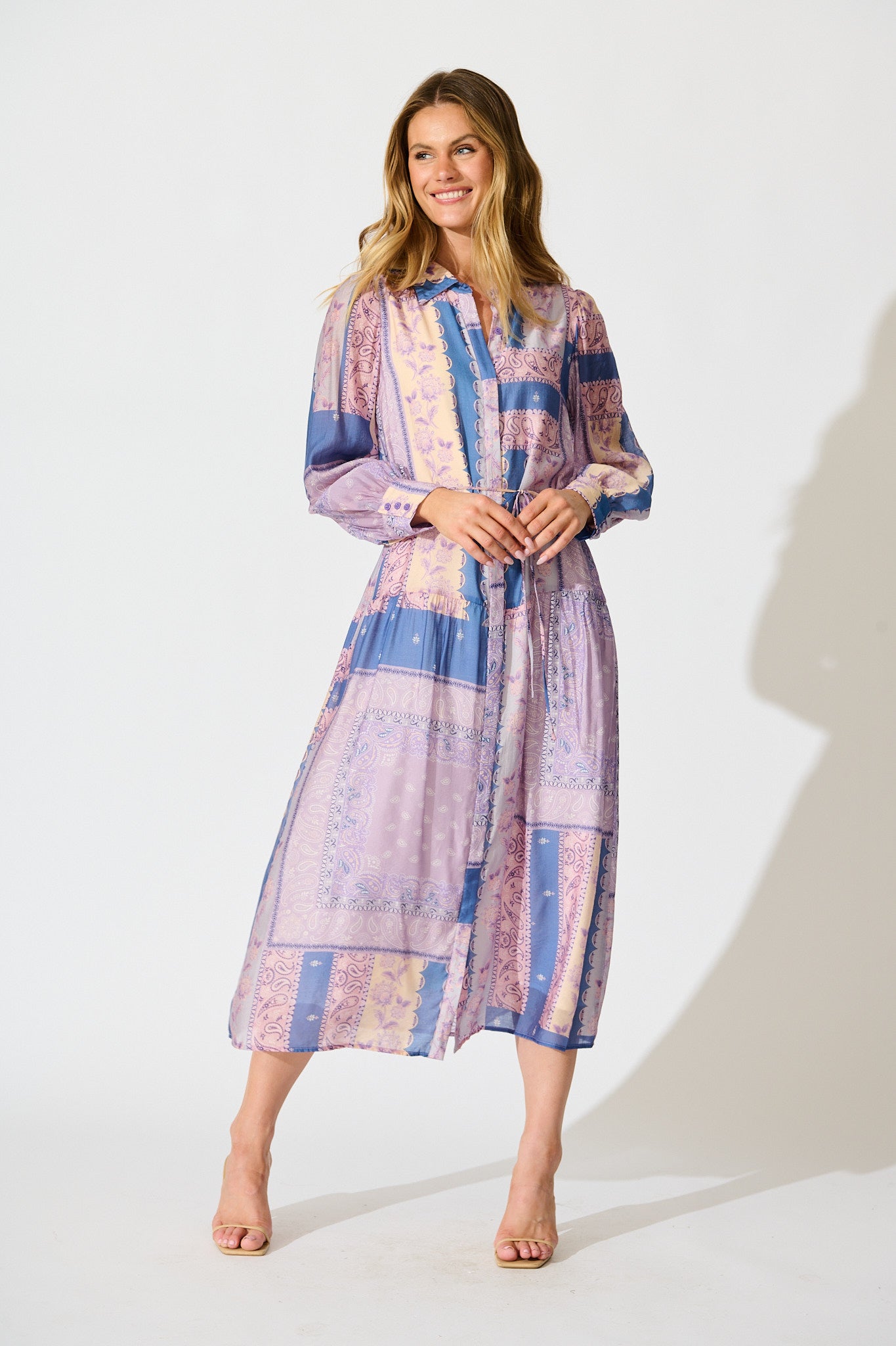 Layton Maxi Shirt Dress in Lilac and Blue Patchwork