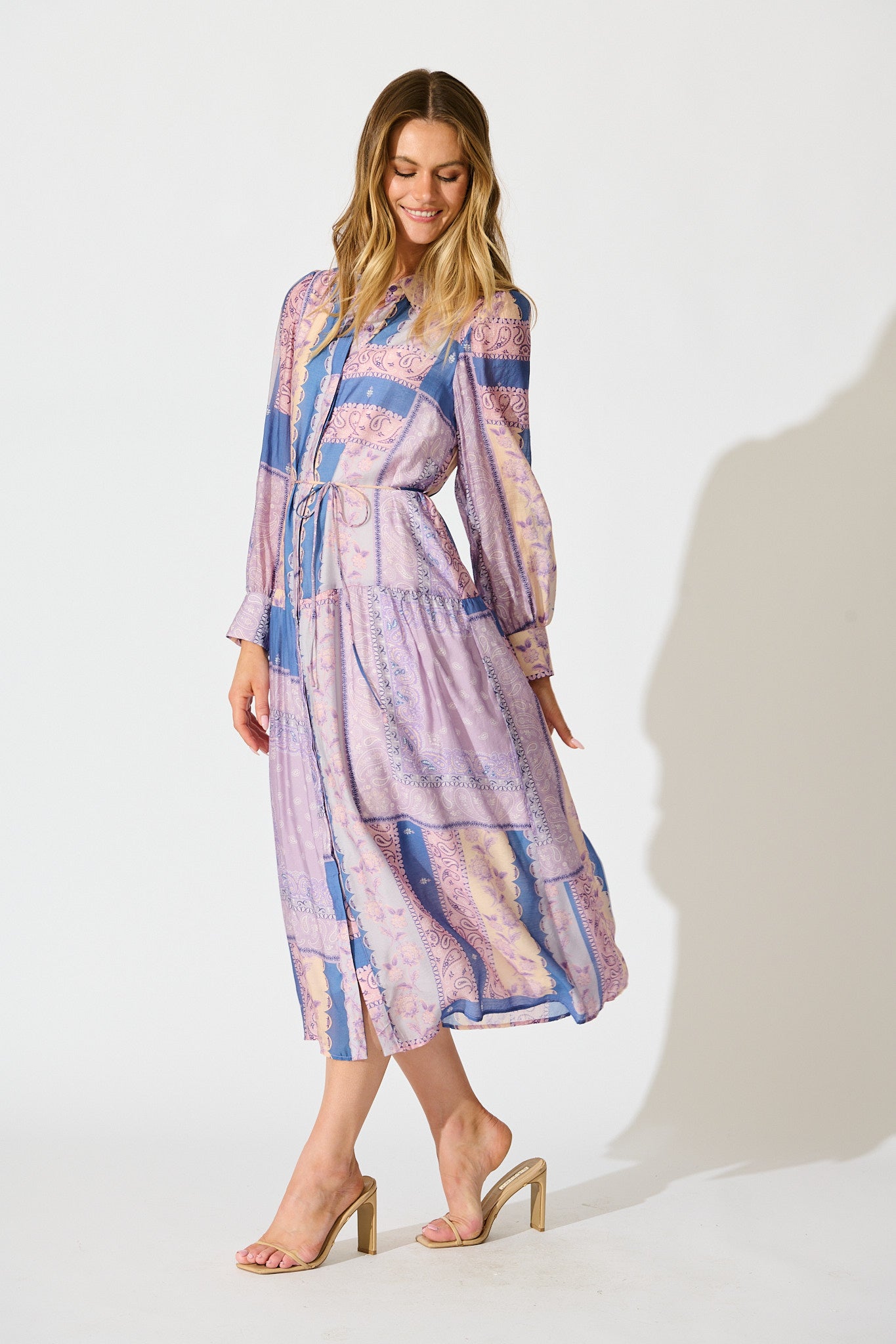 Layton Maxi Shirt Dress in Lilac and Blue Patchwork