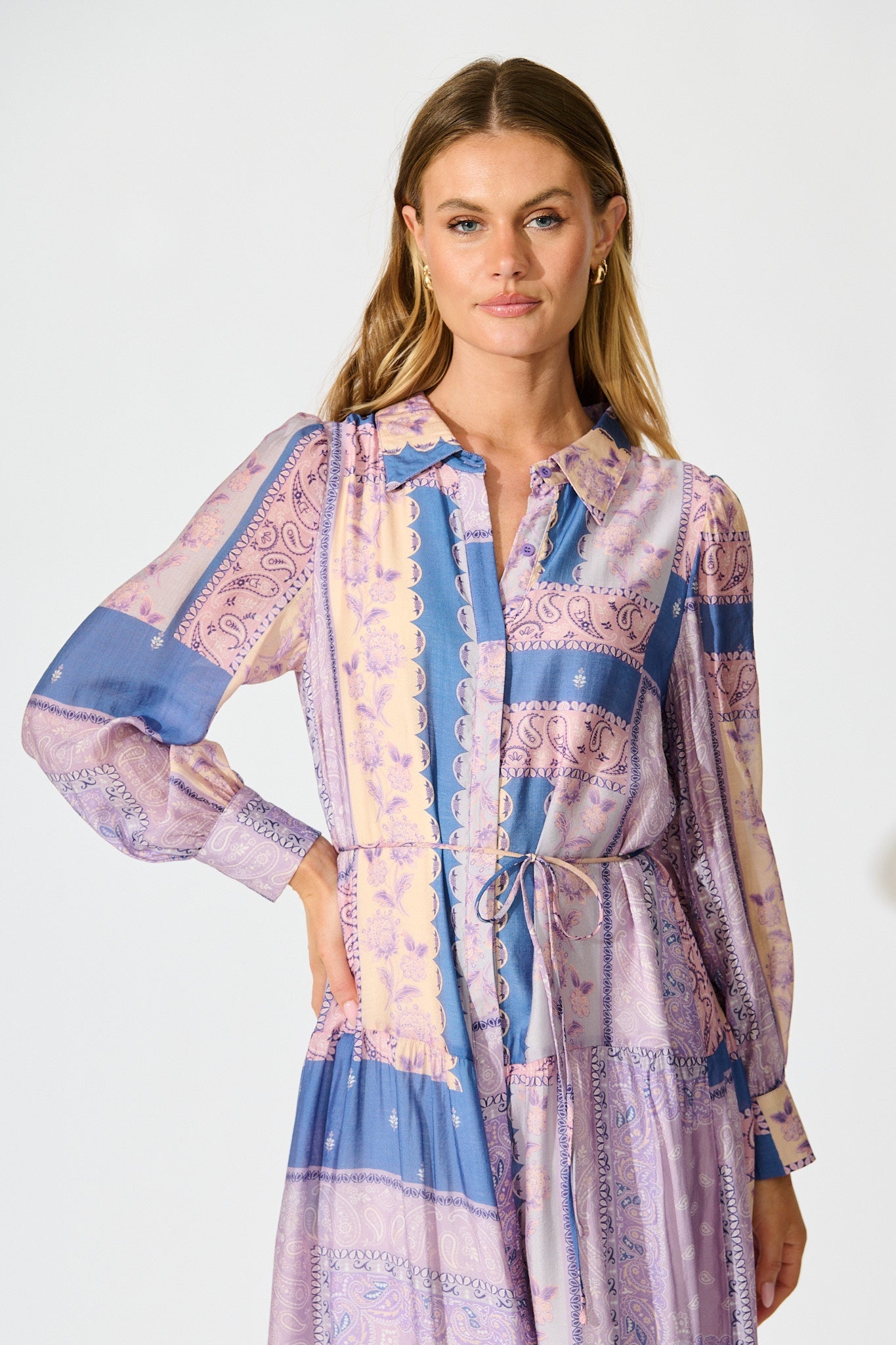 Layton Maxi Shirt Dress in Lilac and Blue Patchwork