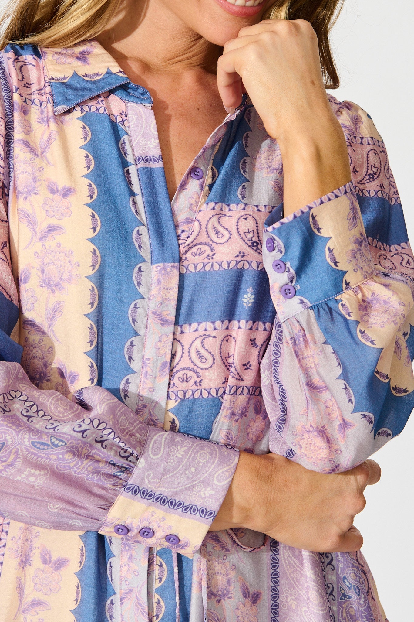 Layton Maxi Shirt Dress in Lilac and Blue Patchwork