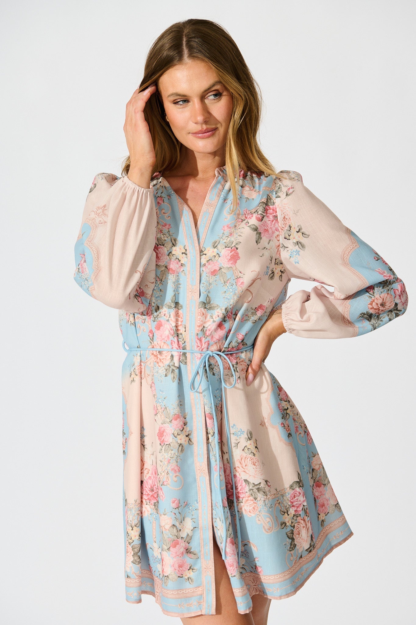 Rania Dress in Pink and Blue Placement Linen Blend