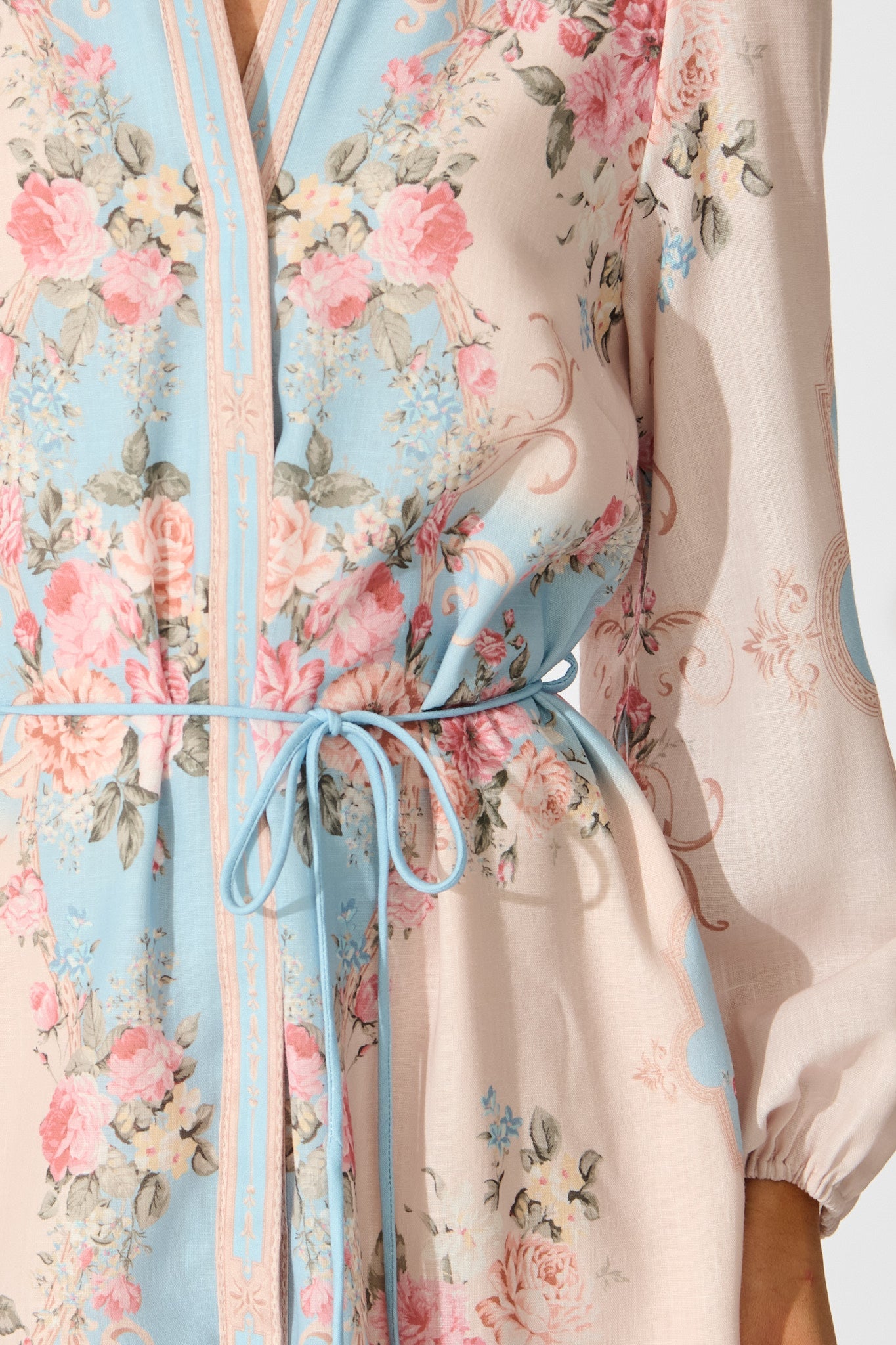 Rania Dress in Pink and Blue Placement Linen Blend