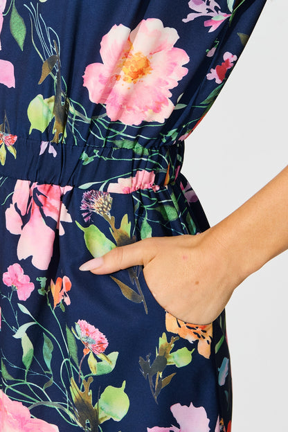 June Dress In Navy With Multi Floral Print
