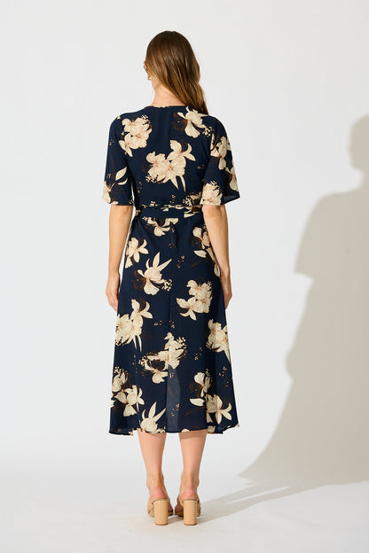 Bellerose Midi Wrap Dress in Navy with Cream Floral