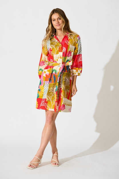 Festival Flora Shirt Dress in Red Multi Floral Cotton