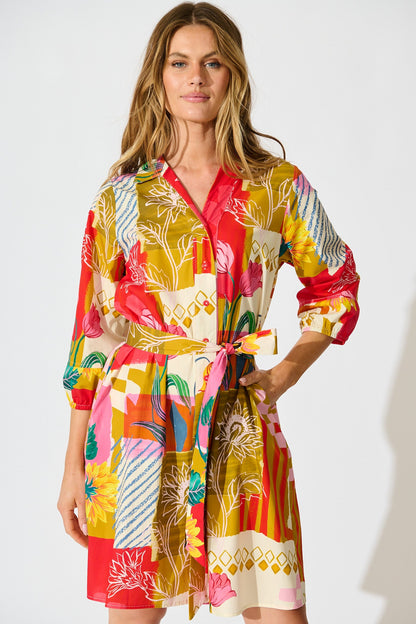 Festival Flora Shirt Dress in Red Multi Floral Cotton