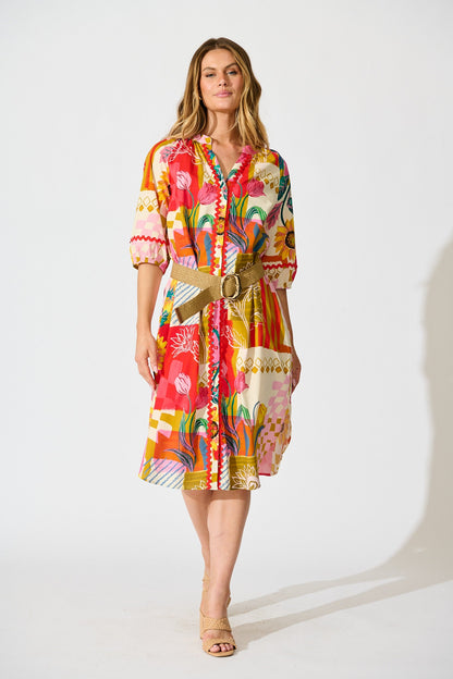 Fiesta Garden Midi Dress in Red Multi Floral Cotton