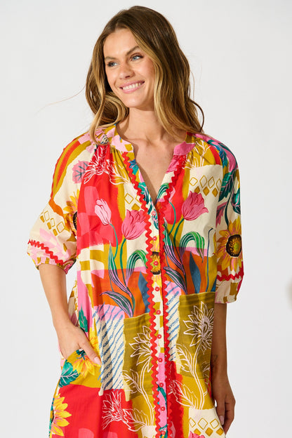 Fiesta Garden Midi Dress in Red Multi Floral Cotton