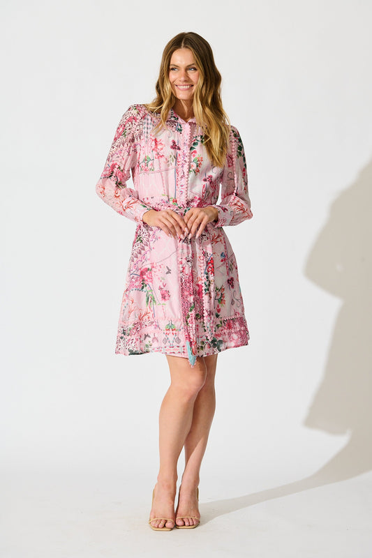 Malhia Shirt Dress in Pink Floral Cotton Blend