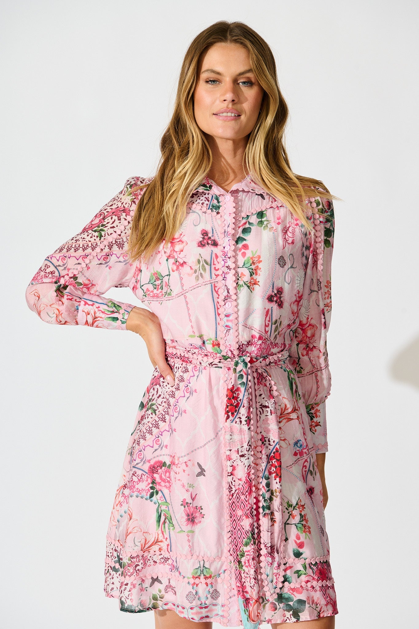 Malhia Shirt Dress in Pink Floral Cotton Blend
