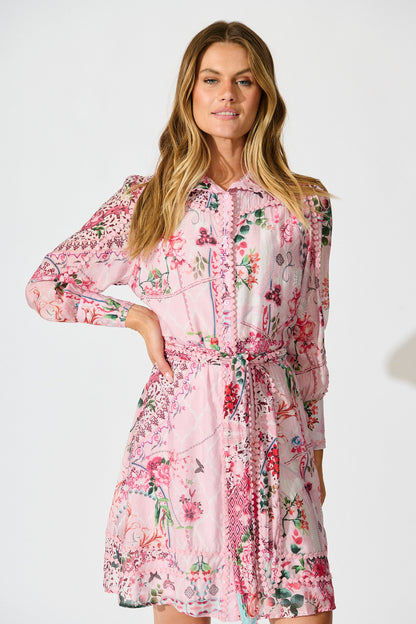 Malhia Shirt Dress in Pink Floral Cotton Blend