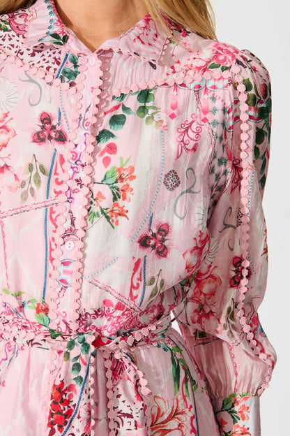 Malhia Shirt Dress in Pink Floral Cotton Blend