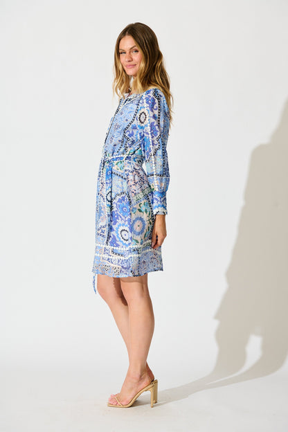 Malhia Shirt Dress in Multi Blue Cotton Blend