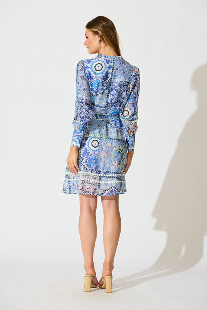 Malhia Shirt Dress in Multi Blue Cotton Blend