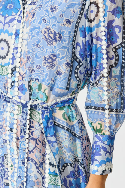 Malhia Shirt Dress in Multi Blue Cotton Blend