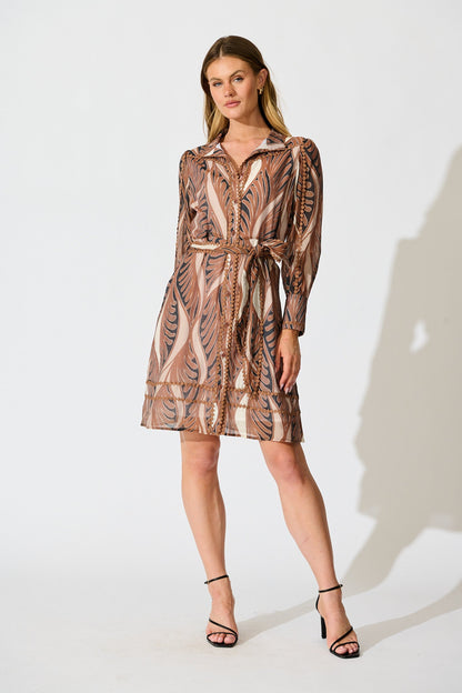 Malhia Shirt Dress in Brown with Tan Cotton Blend