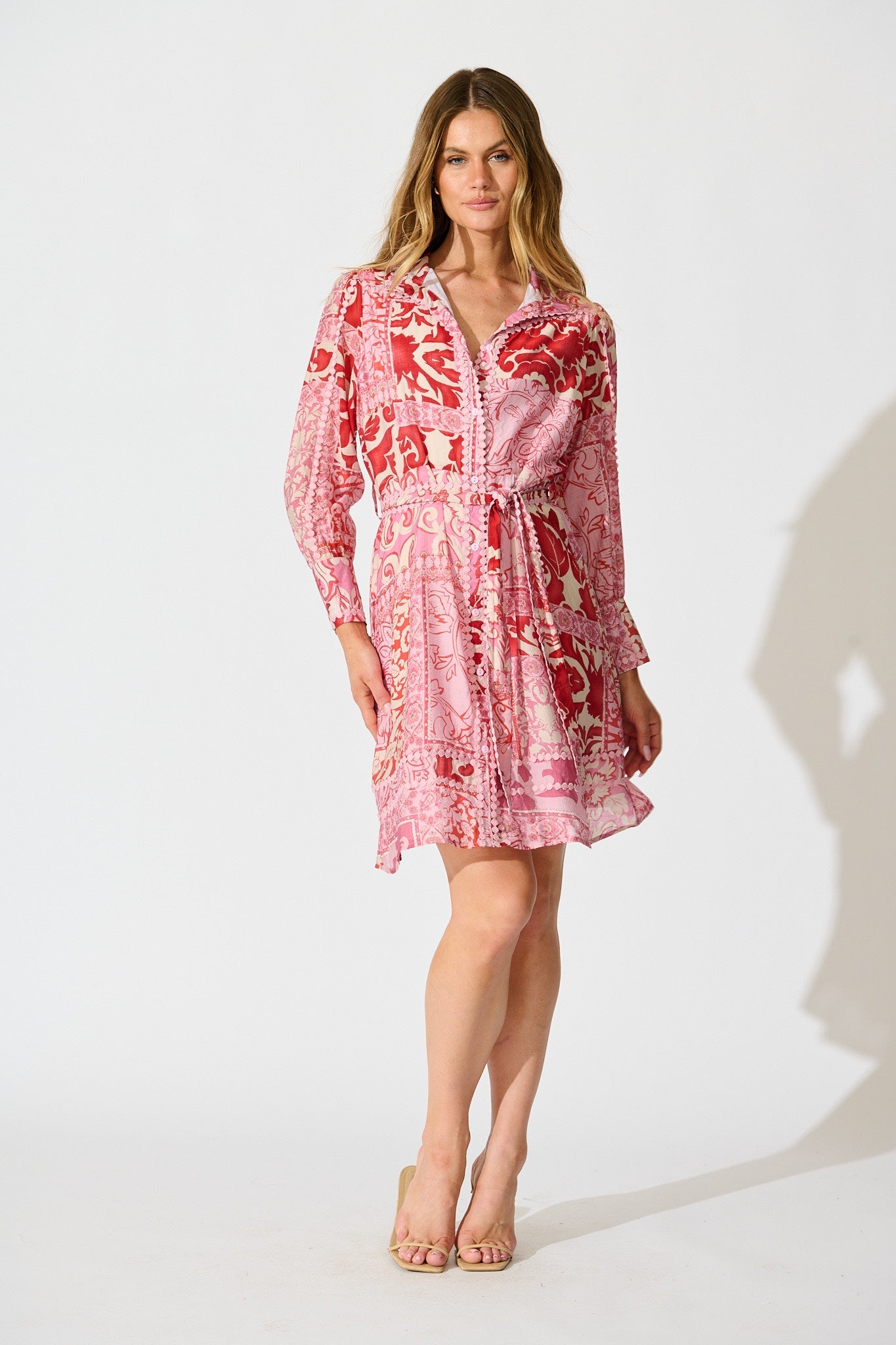 Malhia Shirt Dress in Pink with Red Cotton Blend