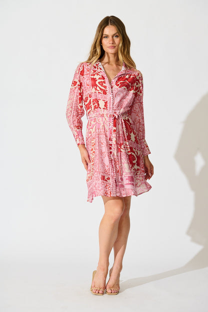 Malhia Shirt Dress in Pink with Red Cotton Blend