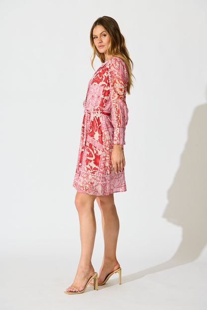 Malhia Shirt Dress in Pink with Red Cotton Blend