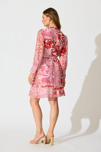 Malhia Shirt Dress in Pink with Red Cotton Blend