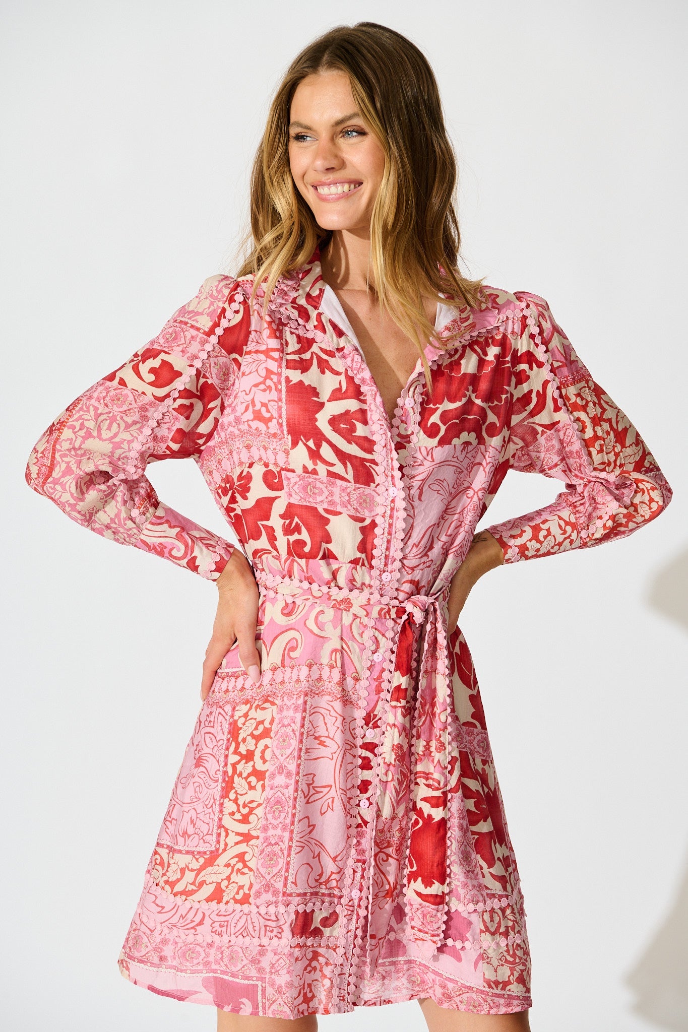 Malhia Shirt Dress in Pink with Red Cotton Blend