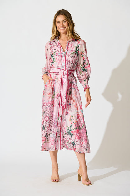 Tessa Maxi Shirt Dress in Pink Floral Cotton Blend