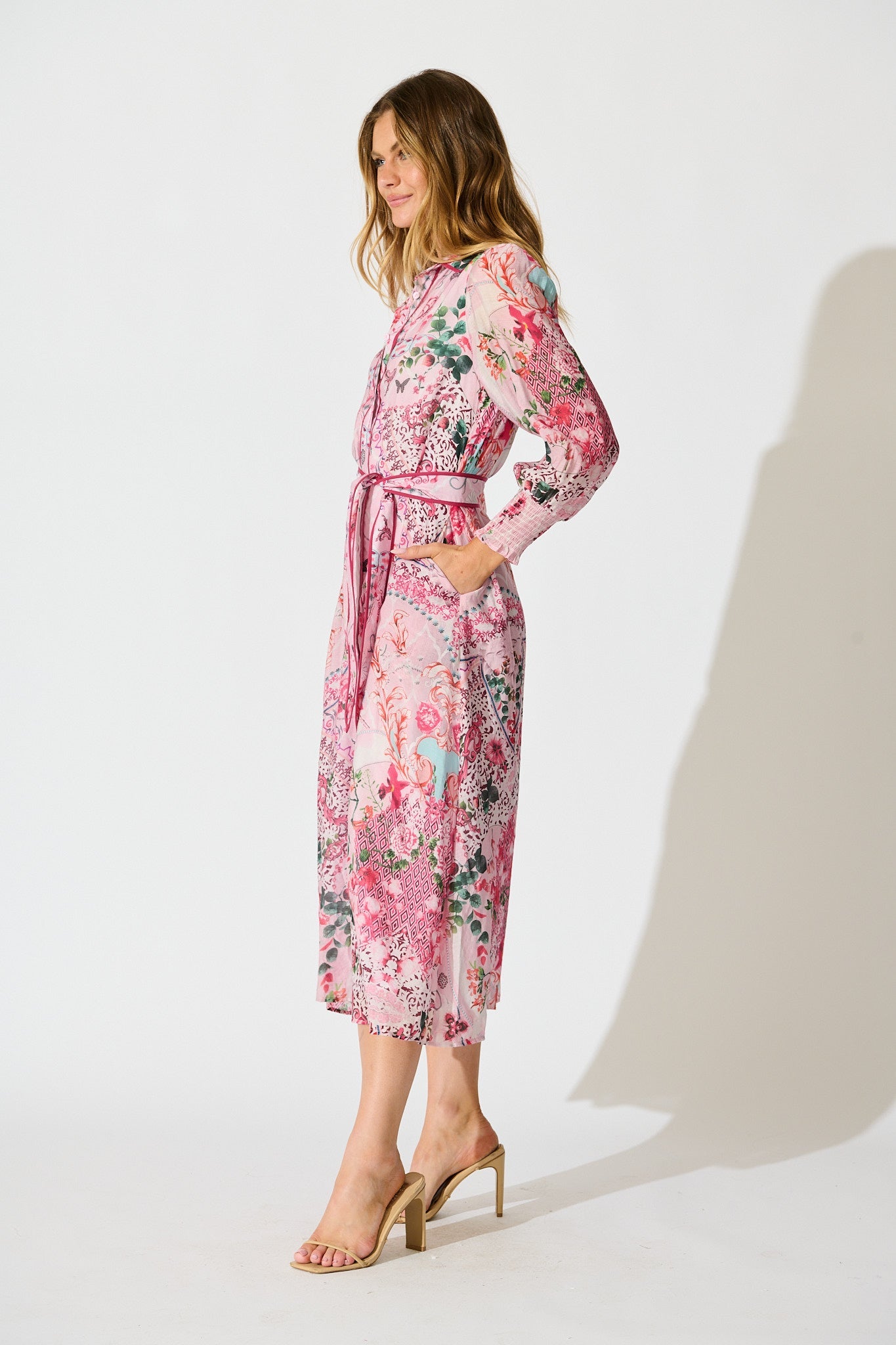Tessa Maxi Shirt Dress in Pink Floral Cotton Blend