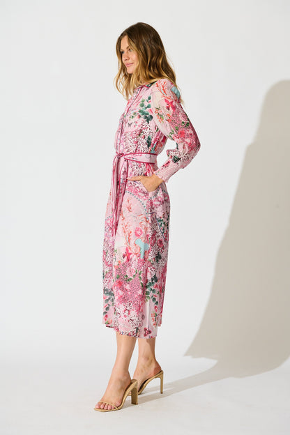 Tessa Maxi Shirt Dress in Pink Floral Cotton Blend