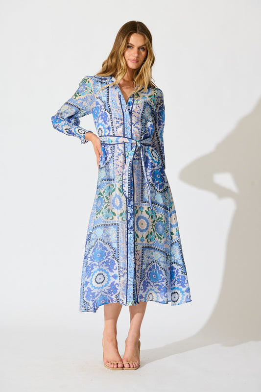 Tessa Maxi Shirt Dress in Multi Blue Cotton Blend
