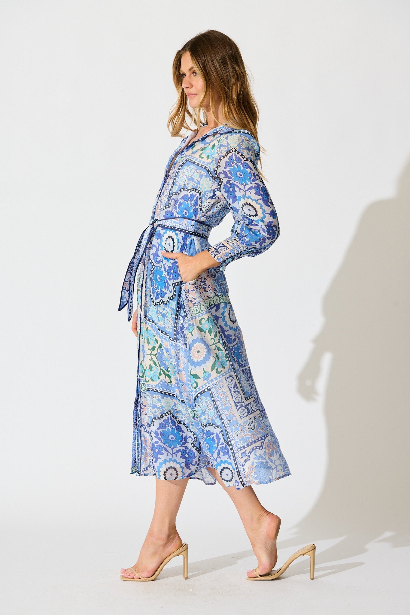 Tessa Maxi Shirt Dress in Multi Blue Cotton Blend