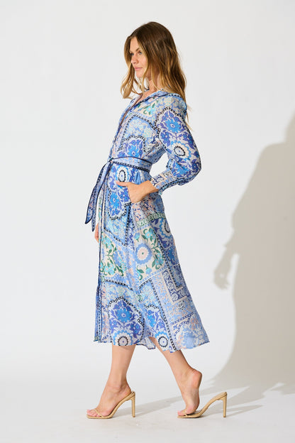Tessa Maxi Shirt Dress in Multi Blue Cotton Blend