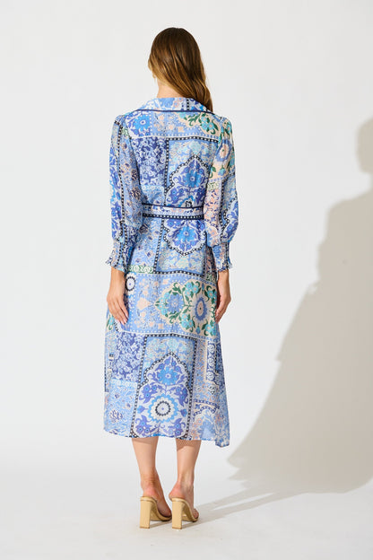 Tessa Maxi Shirt Dress in Multi Blue Cotton Blend