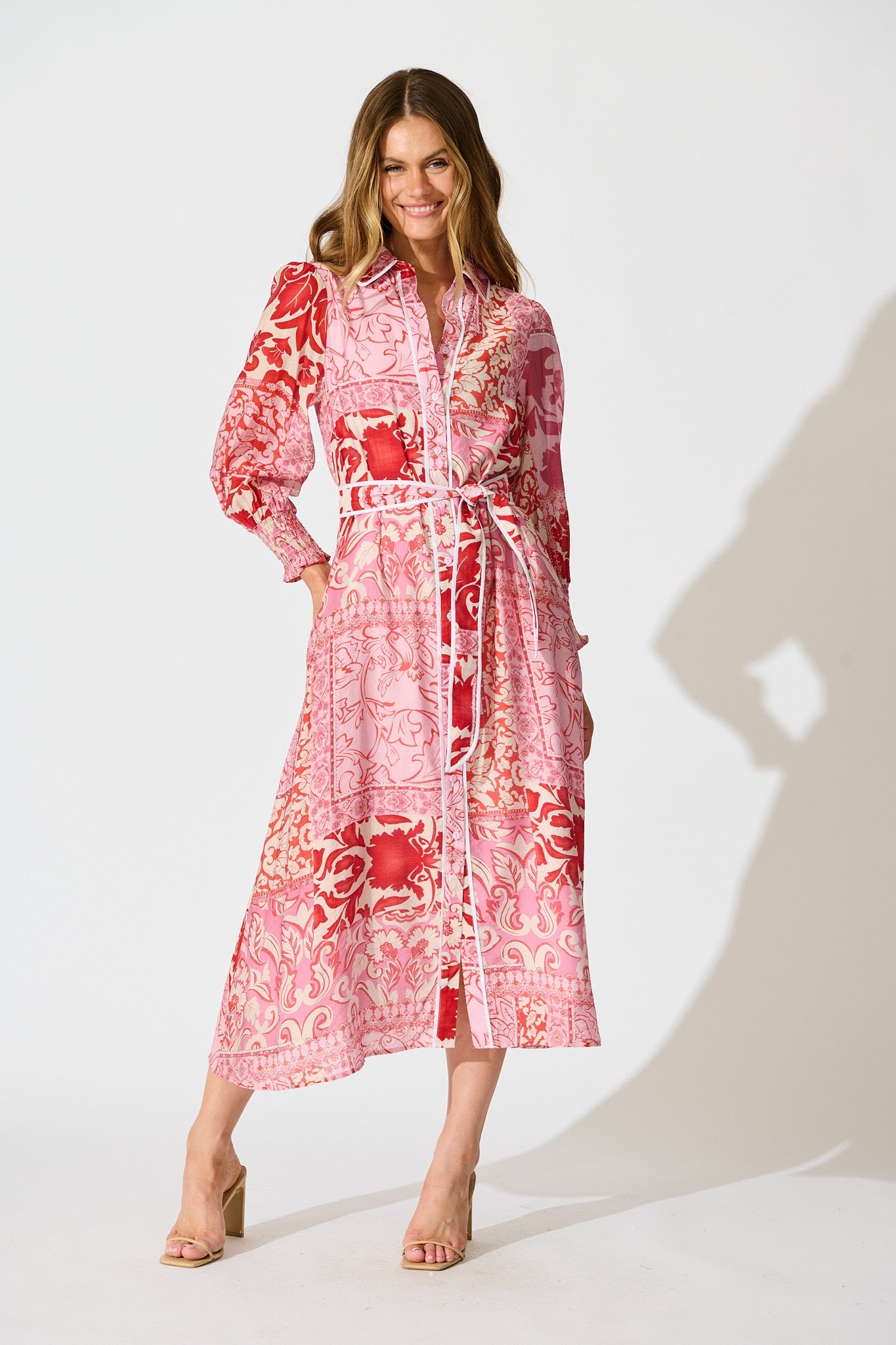 Tessa Maxi Shirt Dress in Pink with Red Cotton Blend